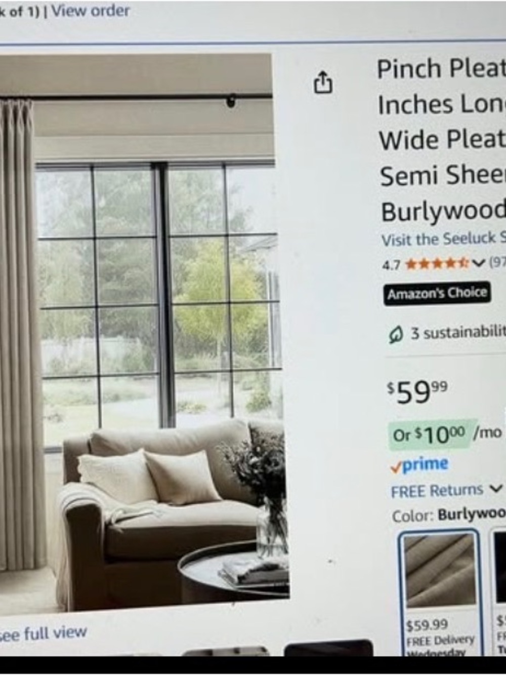 Neutral Tan Linen Blend Semi-Sheer Curtain Panels (2), Pinch Pleated - Picture 4 of 5